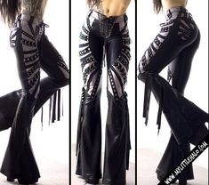 Image of #11 BLACK/PEWTER STUDDED HIP PANEL FRINGE FLARES