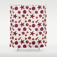 a shower curtain with shells and starfishs on it, all in white background