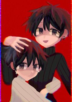 two anime characters hugging each other in front of a red background