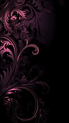 an abstract purple background with swirls and flowers on it's side, in the dark