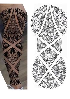 an intricate tattoo design with skulls and flowers on the side of the leg, next to a