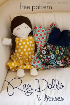 a doll sitting on top of a white couch next to pillows and pillow covers with the words rag dolls and dresses written below it