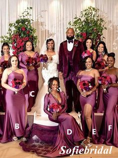 the bride and groom are posing with their bridal party guests in matching purple dresses