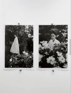 two black and white photographs hanging on the side of a wall next to each other