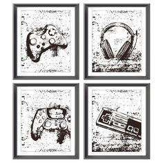 four black and white pictures with headphones on them, one has a video game controller