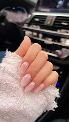 Milky Pink Sparkly Nails, Baby Pink New Years Nails, Nails Inspo Pink Glitter, Glossy Sparkly Nails, Subtle Pink Glitter Nails, Sheer Sparkly Pink Nails, Light Pink Sparkly Almond Nails, Simple Pink Sparkly Nails, Pink Nails February