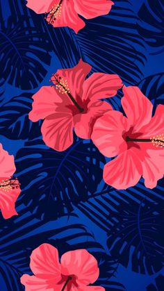 pink flowers and palm leaves on a blue background