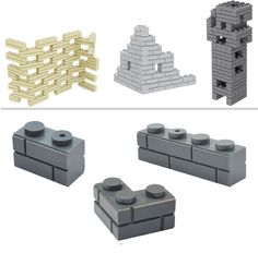 four different types of legos are shown in three different colors and sizes, one is white, the other is gray