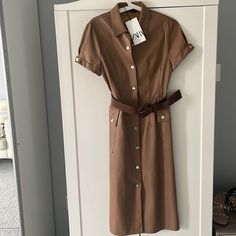 New Never Worn. Not My Color. Can’t Return Leather Midi Dress For Work, Chic Fitted Brown Midi Dress, Chic Brown Dress With Buttons, Chic Brown Fitted Midi Dress, Leather Midi Dress For Fall, Chic Brown Mini Dress For Work, Brown Collared Dresses For Spring, Brown Collared Dress For Spring, Classic Fall Day Out Dress