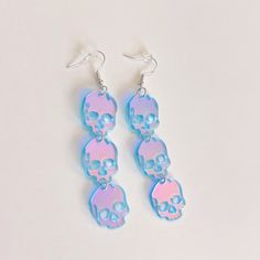 New Iridescent Skull Dangly Earrings - Pastel Halloween Shimmery Iridescent Acrylic Material Shines Different Colors As It Catches The Light Dangly Drop Fish Hook Style Pierced Earrings Approximately 4” Length X 0.75” Width Boutique Item Comes New In Sealed Plastic Iridescent Acrylic Earrings, Iridescent Acrylic, Acrylic Ideas, Halloween Color, Pastel Halloween, Baublebar Earrings, Fun Jewelry, Acrylic Jewellery, Colorful Earrings