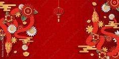 a red and gold chinese new year's card with paper cut art style figures