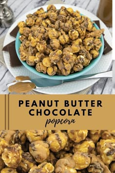 peanut butter chocolate popcorn on a plate and in the background, there is a glass of milk