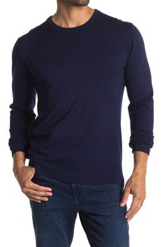 Pair this pullover sweater with any item in your closet for semi-casual style.Fit: this style fits true to size.- Crew neck- Long sleeves- Ribbed knit construction- Solid colorway- Approx. 28" length (size M)- Imported. Dry clean 50% nylon, 30% viscose, 20% polyester Turtleneck Sweater With Ribbed Neckline For Layering, Layering Turtleneck Sweater With Ribbed Neckline, Fall Crew Neck Knit Sweater, Knit Crew Sweater With Ribbed Cuffs, Winter Crew Neck Sweatshirt With Knit Fabrication, Stretch Knit Sweater With Ribbed Cuffs, Solid Color Crew Sweater With Ribbed Neckline, Solid Crew Sweater With Ribbed Neckline, Crew Neck Sweater With Ribbed Neckline