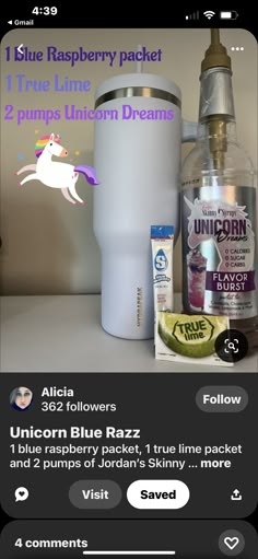 an ad for unicorn blue raspberry water with the caption's description below