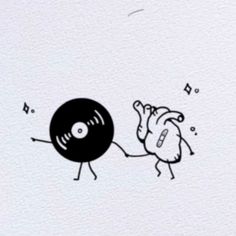 a black and white drawing of a vinyl record being pulled by a person's arm