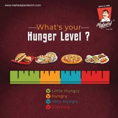 an advertisement for the hungry hungry restaurant, which includes pizzas and other food items