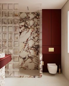 a bathroom with marble walls and flooring next to a white toilet in a room