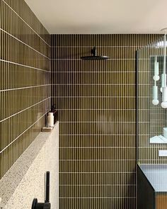 a bathroom with green tiled walls and white fixtures on the shower head, toilet paper holder, and sink faucet