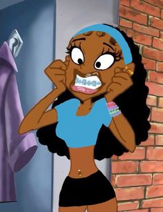 an animated woman brushing her teeth in front of a brick wall