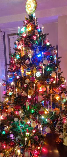 a brightly lit christmas tree in a living room