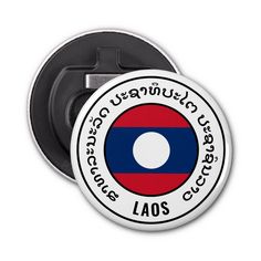 a button with the words laos written in two languages on it, and an image of