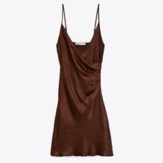 Brown Satin Mini Slip Dress. Never Worn. 100% Viscose Zara Slip Dress, Suede Mini Dress, Silk Satin Dress, Brown Satin, Mini Sundress, Knitted Bodycon Dress, Mini Slip, Flare Mini Dress, Mini Slip Dress