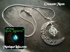 Crescent moon with matching silver plated glowing orb cage with glow glass. Handmade in smoke free studio. The original Glow Lockets ® handmade by Monique Lula. One of my original designs inspired by the glowing magical orbs and the moon. Just wear in sunlight, will glow in the dark. Moon measures 1.5 inches and chain is 20" Delicately and professionally handmade by Monique Lula in my smoke free jewelry studio in California, USA! The little glowies store that started the whole trend! Add... Dark Lifestyle, Glowing Jewelry, Glowing Orb, Monique Lula, Orb Necklace, Lifestyle Jewelry, Cage Necklace, Caged Necklace, Dark Jewelry