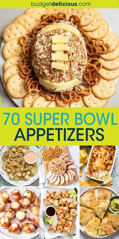 the cover of 70 super bowl appetizers with pictures of different foods and desserts