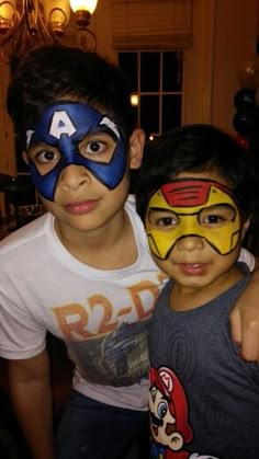 Captain America and iron man face painting Ironman Face Paint, Simple Boy Face Paint, Superman Face Painting, Boys Halloween Facepaint