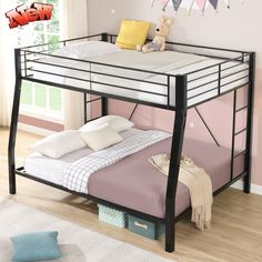 a black bunk bed with white sheets and pillows