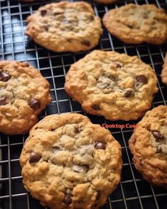 chocolate chip cookies cooling on a rack in the oven, with words cooktop com above them