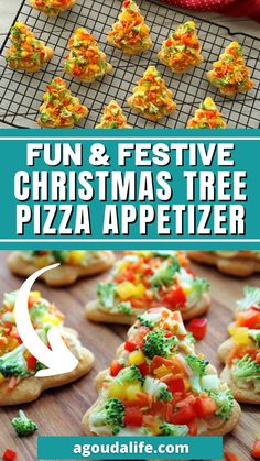 christmas tree shaped pizza appetizers on a cooling rack with text overlay that reads fun and festive christmas tree pizza appetizer