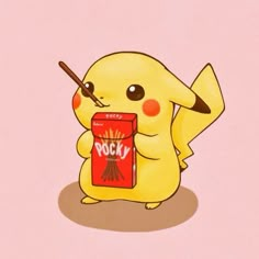 a cartoon pikachu holding a box with the word pocky written on it