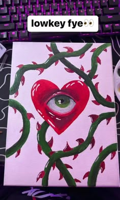 an eye peers into a heart - shaped painting on a computer keyboard