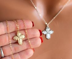 This is a beautiful four way cross charm necklace in gold or silver. This lovely detailed pendant measures 22x18mm and comes on a shiny cable chain with spring clasp. The four way cross in made of 925 sterling silver. The gold version is 16k gold over 925 sterling silver. The gold charm necklace comes on a 14k gold filled chain. The silver charm necklace is all 925 sterling silver. This charm is made by master silversmiths in New England that have perfected their craft with such imagery and deta Staple Jewelry, 14kt Gold Jewelry, Catholic Jewelry Necklace, Necklace Women Gold, Cross Charm Necklace, Catholic Necklace, Cross Necklace Women, Silver Charm Necklace, Candy Necklace