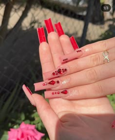 Simple Buchifresa Nails, Mexican Nails Designs Acrylic Red, Ruby Color Nails, Buchi Fresa Acrylic Nails, Simple Red Quince Nails, Latina Red Nails, Long Acrylic Nails Mexican, Long Acrylic Nails Square Red, Acrylic Nail With Gems