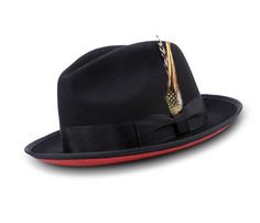 Montique Black Matching Grosgrain Ribbon 2 3/8" Brim Red Bottom Wool Felt Dress Hat H-75 Two Tone Red Bottom Wool Felt Fedora 2 3/8" Brim Matching Grosgrain Ribbon Feather Accent Montique No Lining Size XL is additional $5 Check out the whole collection. Ribbon Feather, Red Fedora, Felt Dress, 60th Bday, Mens Fashion 2018, Fly Boots, Dope Hats, Navy Boots