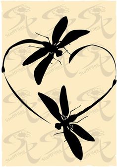 two black dragonflies sitting on top of a heart shaped piece of paper with the word love