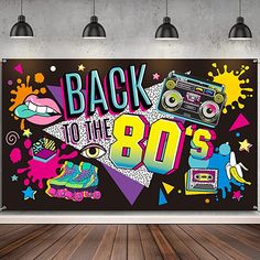 a wall hanging on the side of a building with an advertisement for back to the 80's