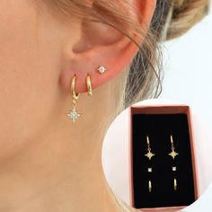 More Style at https://www.etsy.com/ca/shop/HoneywoodJewelry  SOLD IN PAIRS  ▶ DETAILS ◀ Purchasing Options (SOLD IN PAIRS): A: Star Hoops (9 mm inner diameter) B: Plain Hoops (8 mm inner diameter) C: 2.5 mm CZ Stud (butterfly backings * 20G) Gold Finish: 18K gold-plated 925 sterling silver Silver Finish: Rhodium-plated 925 sterling silver Hypoallergenic, nickel-free, and suitable for everyday wear ▶ SHIPPING ◀ All orders will be shipped out the following business day after the order has been rec Earrings Stacking Ideas, Celestial Earring Stack, Silver Earring Stack 3 Holes, Earing Stack Gold, Earring Stack Silver, Gold Earrings Stack, Double Piercing Earrings, Three Ear Piercings, Silver Earring Set