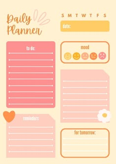 a pink and yellow daily planner with different things to do on the page, including an orange