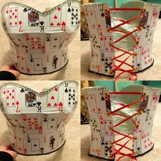 four different views of a paper crown with playing cards tied to the front and sides