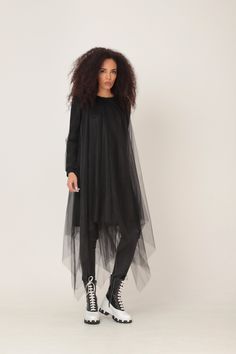 Black Sheer Dress, Black Tulle Dress, Plus Size Tulle Dress OVERSIZED MIDI DRESS IN ASYMMETRIC RICH TULLE NET LAYERS GARMENT FEATURES: * A truly stunning design with a WOW-effect when moving * Asymmetric rich tulle layers of soft net * Fully lined with soft cotton jersey * Ribbed classic crew neckline * Long jersey sleeves in a sweatshirt pattern, covered in tulle * Light weighted and comfy to wear * Part of our ADEPTT PREMIUM edit SIZING & FITTING: Model is 172cm tall and wears size S. This Black Tulle Dress For Party, Black Tulle Dress For Evening, Black Party Dresses With Tulle Skirt, Black Mesh Dress With Tulle Skirt For Spring, Black Tulle Skirt Dress For Night Out, Spring Black Mesh Dress With Tulle Skirt, Black Tulle Dress For Night Out, Black Maxi Dress With Mesh Sleeves For Party, Black Tulle Mini Dress For Spring