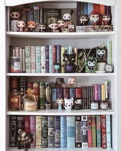 a book shelf filled with lots of books and figurines on top of it