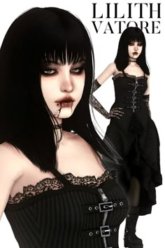 a woman with long black hair wearing a corset