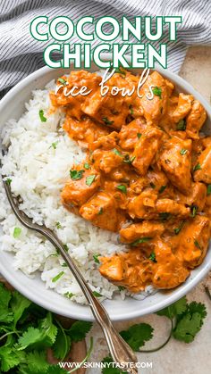 a white bowl filled with chicken and rice next to cilantro on a table