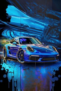 a blue sports car parked in front of an abstract background