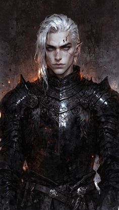 a man with white hair and black armor