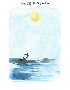 a watercolor painting of a person on a surfboard in the ocean at sunset