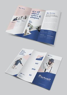 two fold brochure mockup templates with blue and pink accents